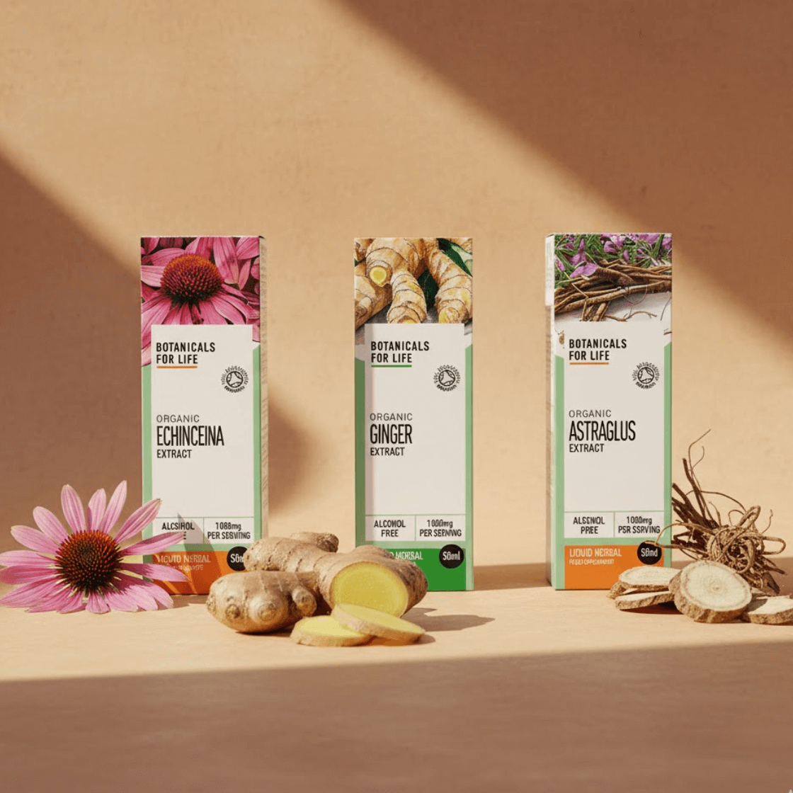 Tři bylinné glycerity Botanicals For Life z echinacey, astragalu a zázvoru